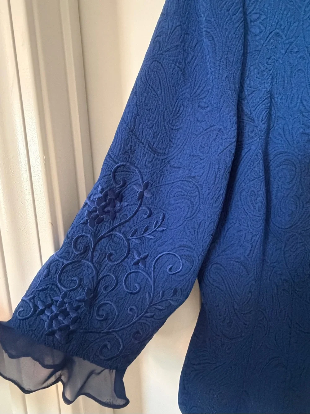 Women's Royal Blue Embroidered Jacket & Skirt Set Chiffon Trim